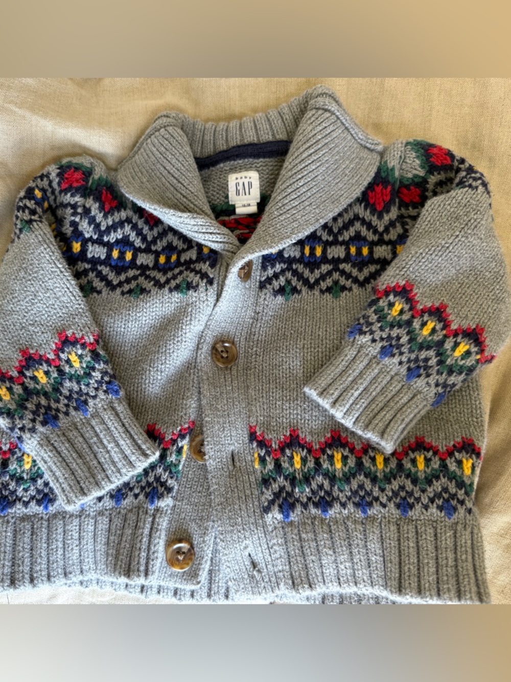 12-18 mo GAP Kids' Gray Shawl Collar Fair Isle Cardigan Jacket 100% cotton multi